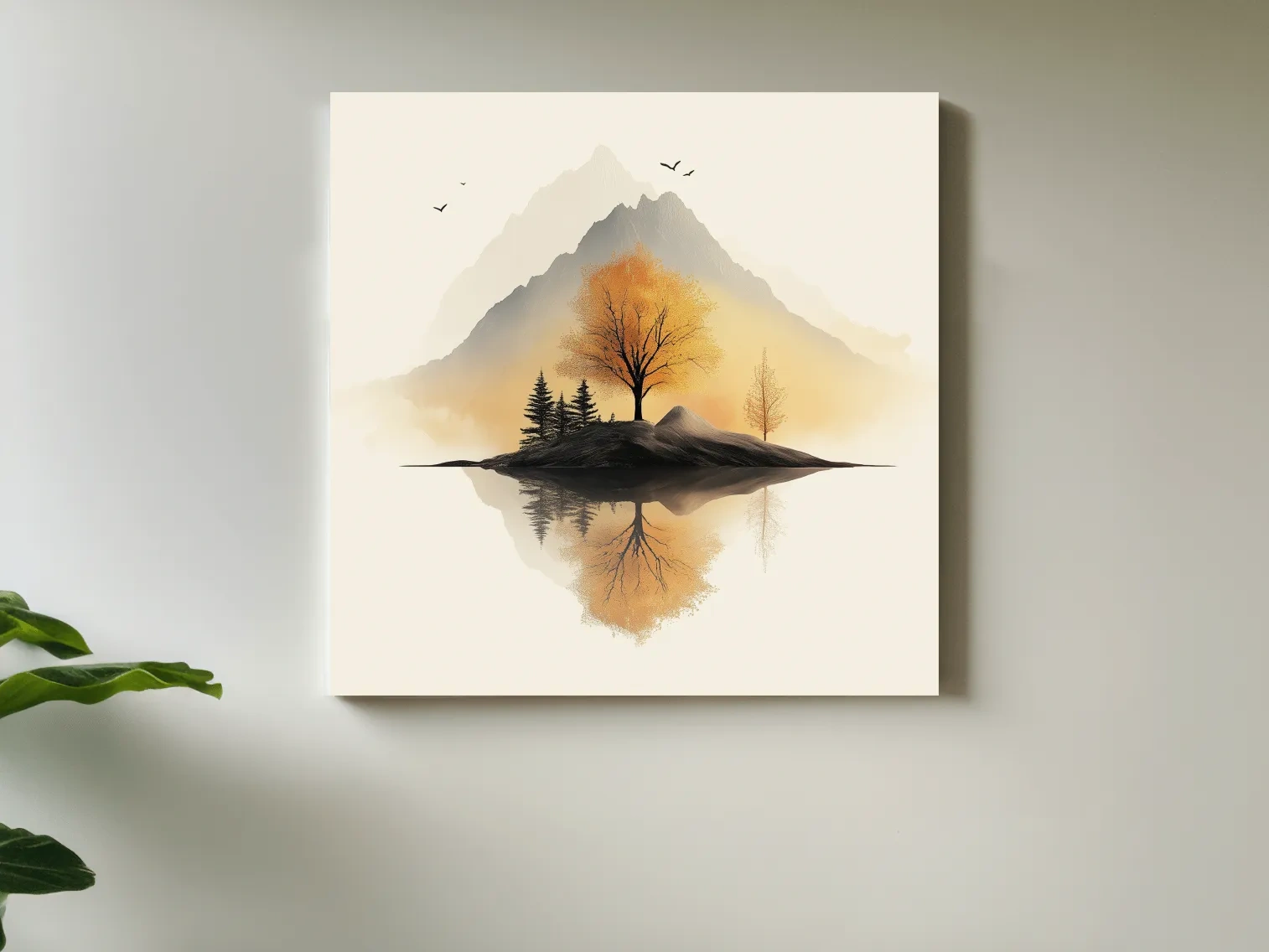 Minimalist Misty Mountain Lake Illustration - Serene Autumn Tree Landscape Wall Art