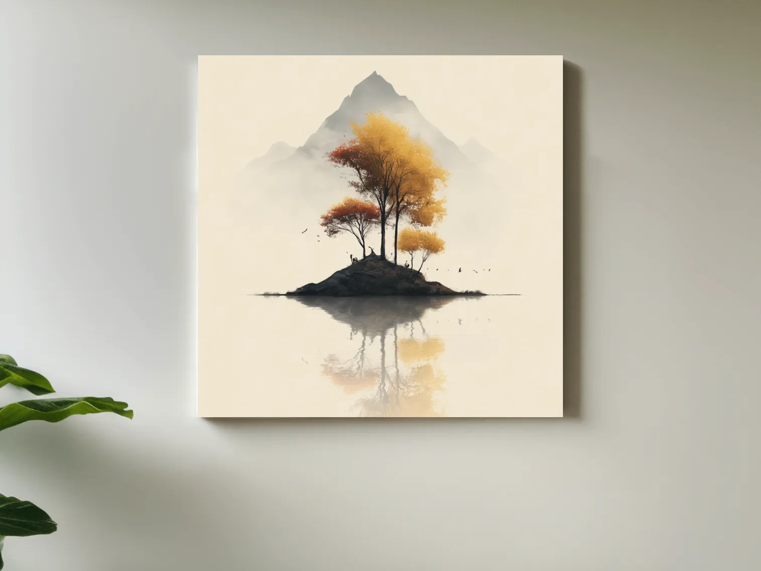 Minimalist Autumn Trees On Misty Lake Island - Serene Mountain Landscape Wall Art