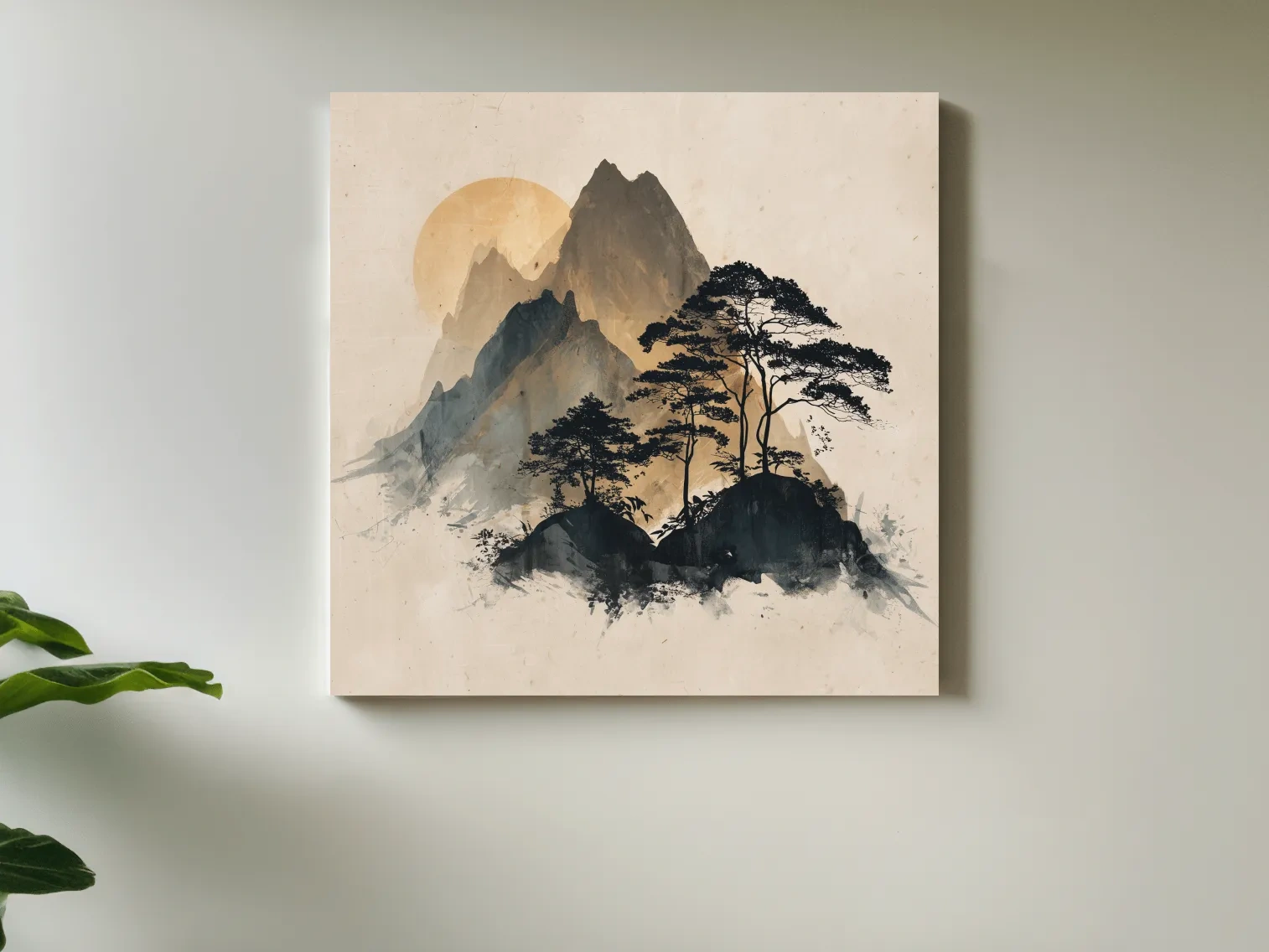Zen Ink Wash Mountain Sunrise - Minimalist Japanese Pine Landscape Wall Art