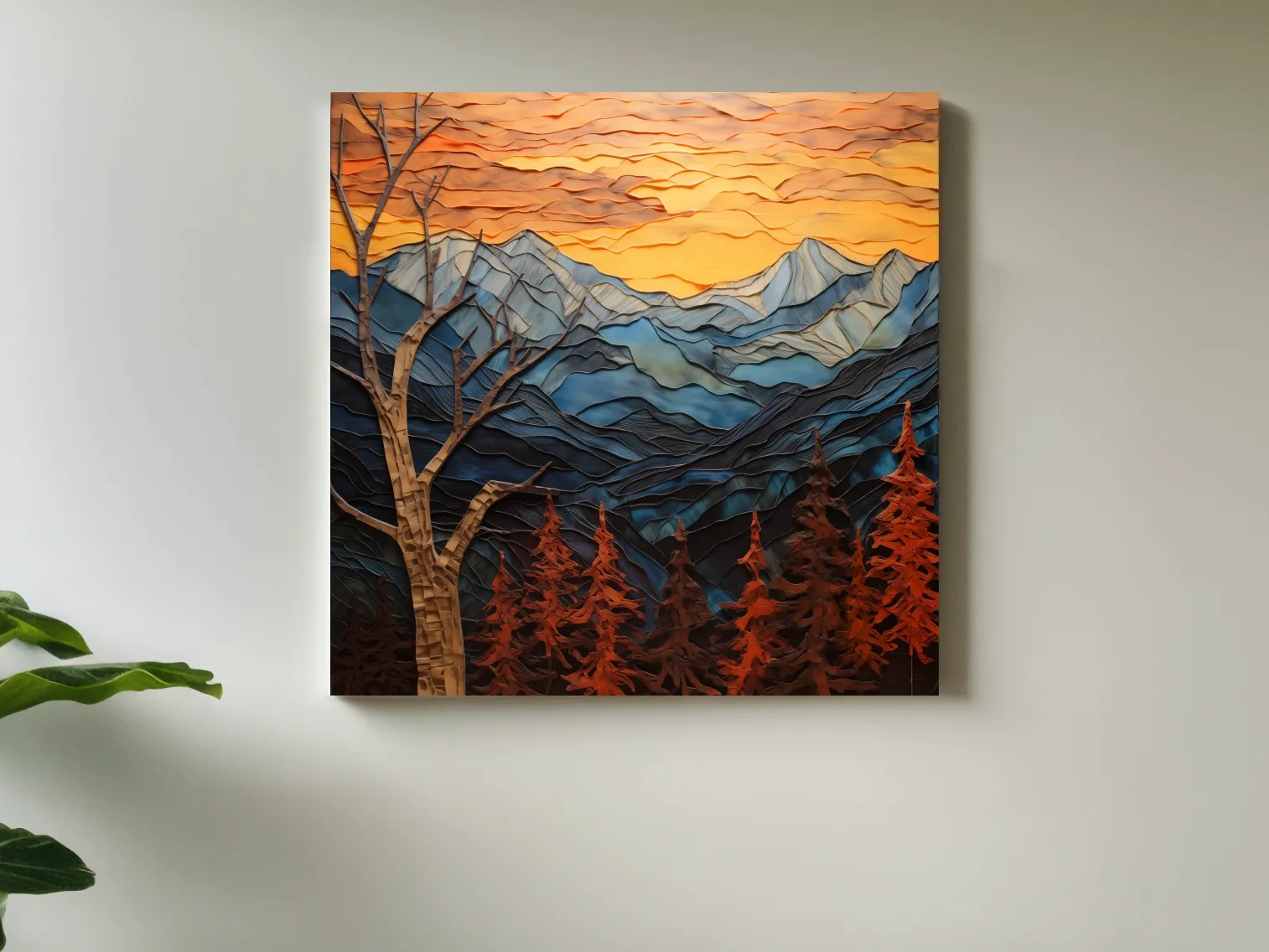 Faux Layered Paper Cut Alpine Mountain Sunset - Mixed Media 3D Landscape Wall Art