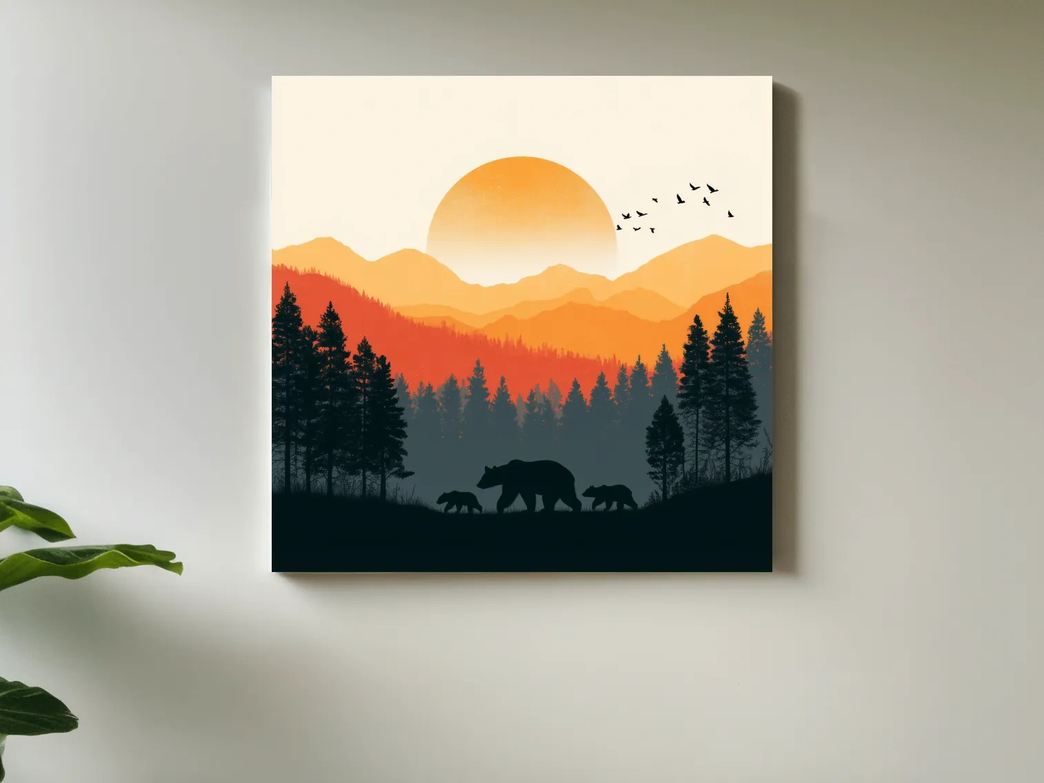 Sunset Mama Bear & Cubs Silhouette - Wildlife Forest Landscape Wall Art