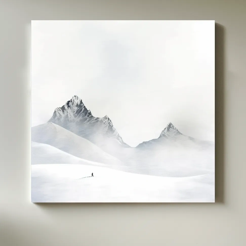 Minimalist Snowy Mountain Landscape Painting - Monochrome Winter Wilderness Wall Art