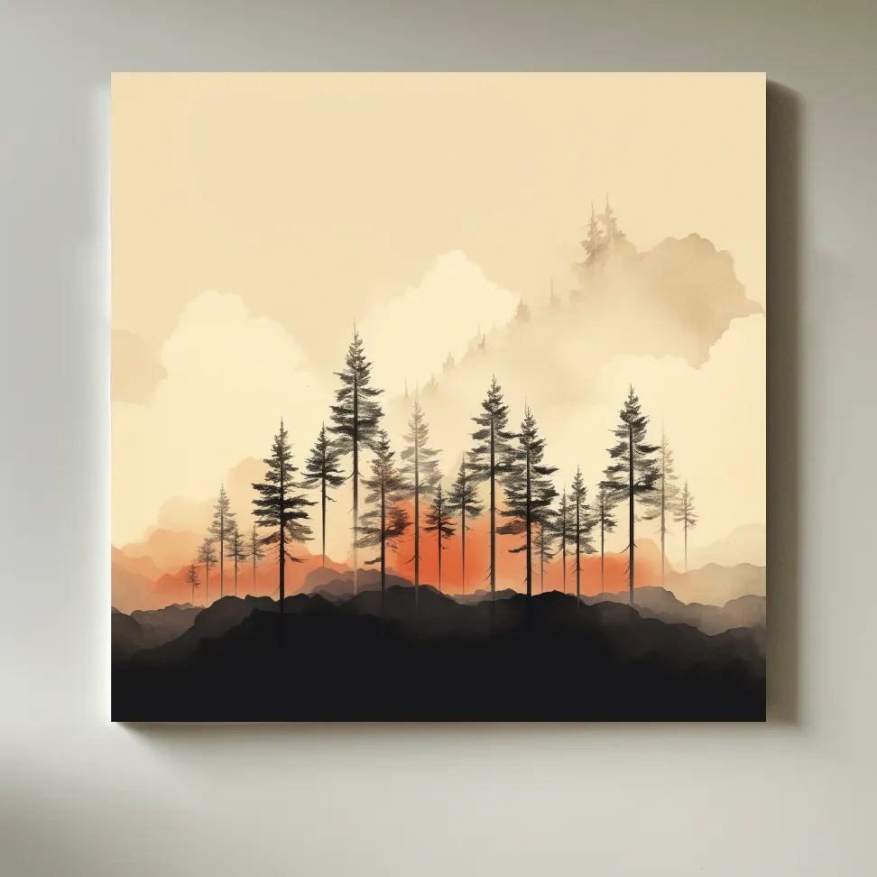 Minimal mountain artwork, tree line in the mist
