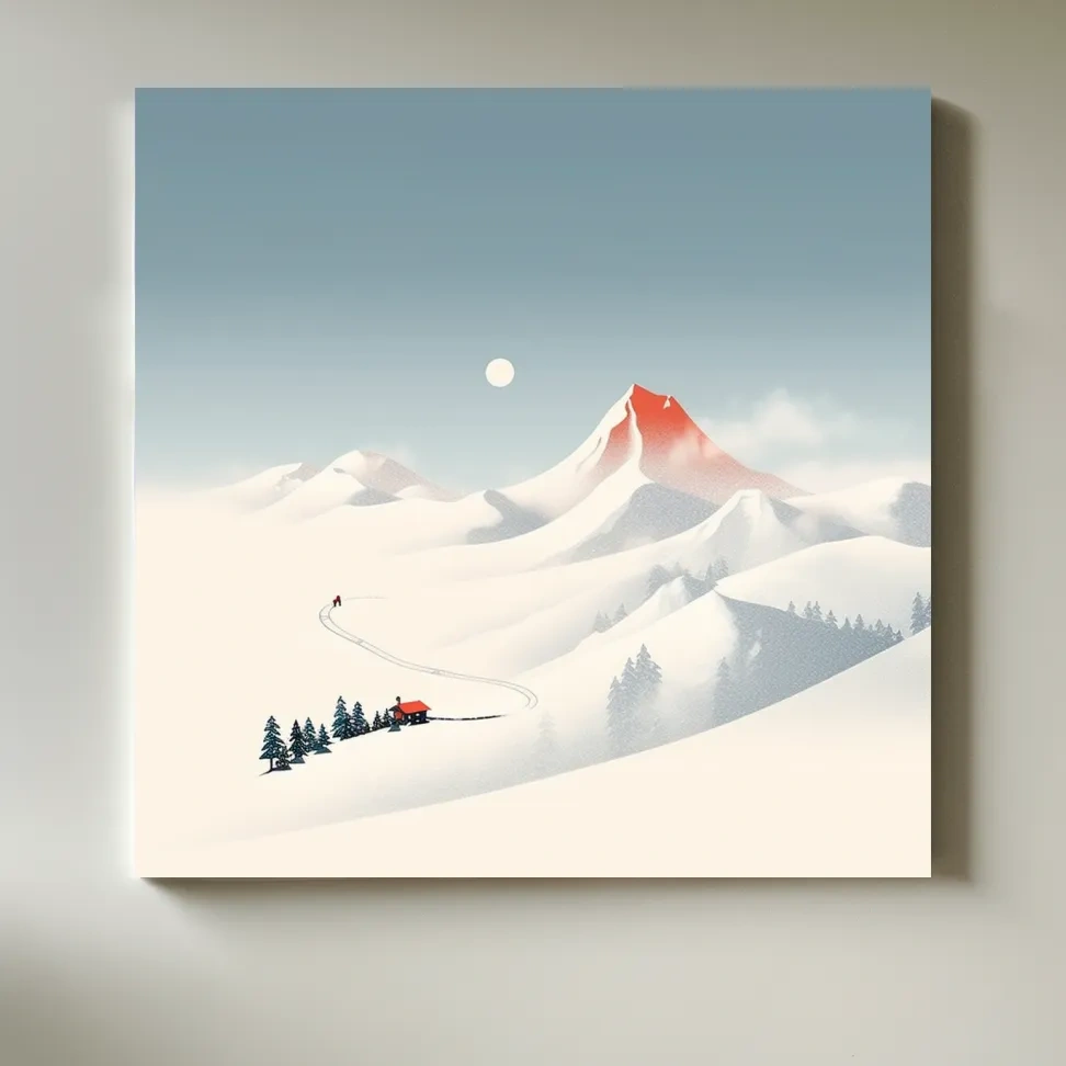Minimal mountain art, skier leaves skin tracks from the cabin