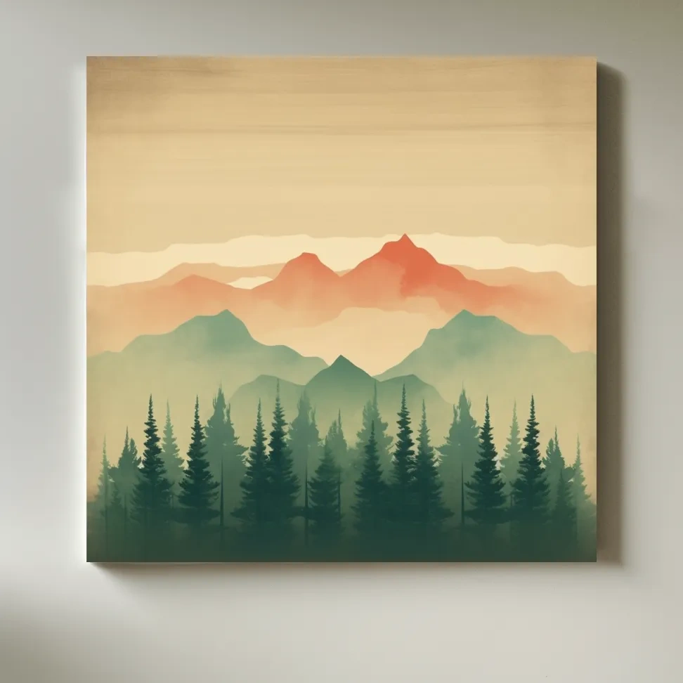 Minimal mountain artwork, treeline in the alpine mist