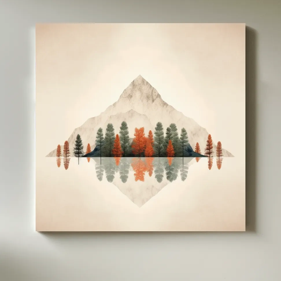 Minimalist Minimal Mountain Lake Reflection Painting - Autumn Pine Forest Artwork