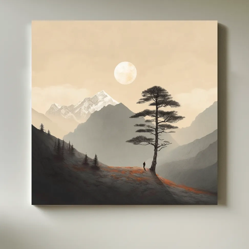 Minimal mountain art, lonely tree