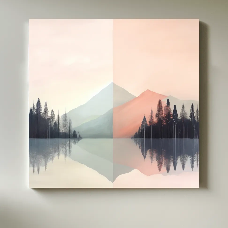 Mimimal mountain art, alpine treelined lake