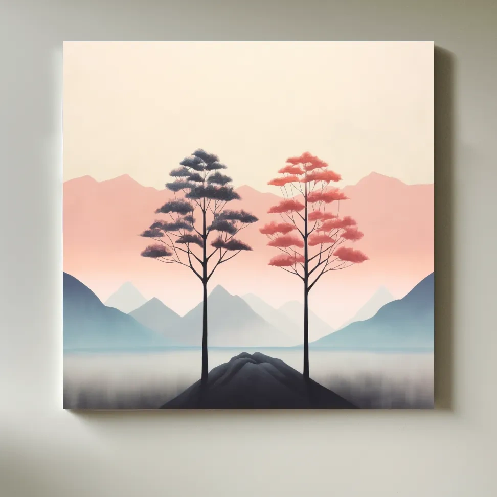 Minimal pastel art, two trees before the mountain landscape