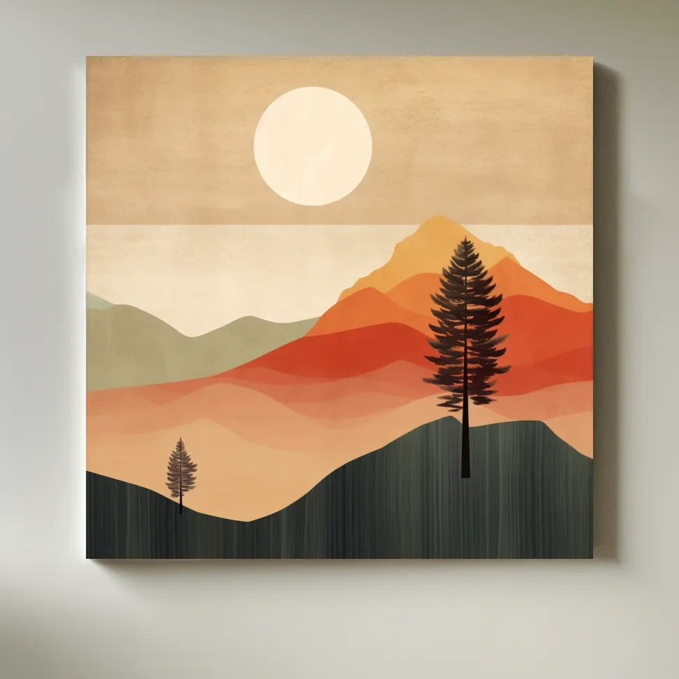Mimimalist mountain art, sunset over the mountains