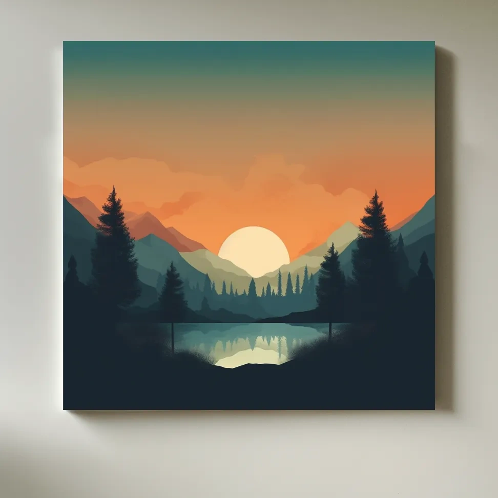 Minimalist Sunset Mountain Lake Reflection - Serene Scandinavian Artwork