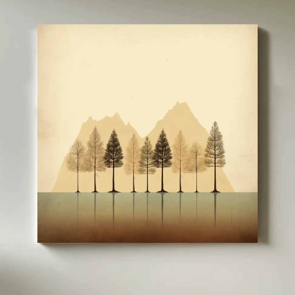 Minimal mountain art, treeline on the lake