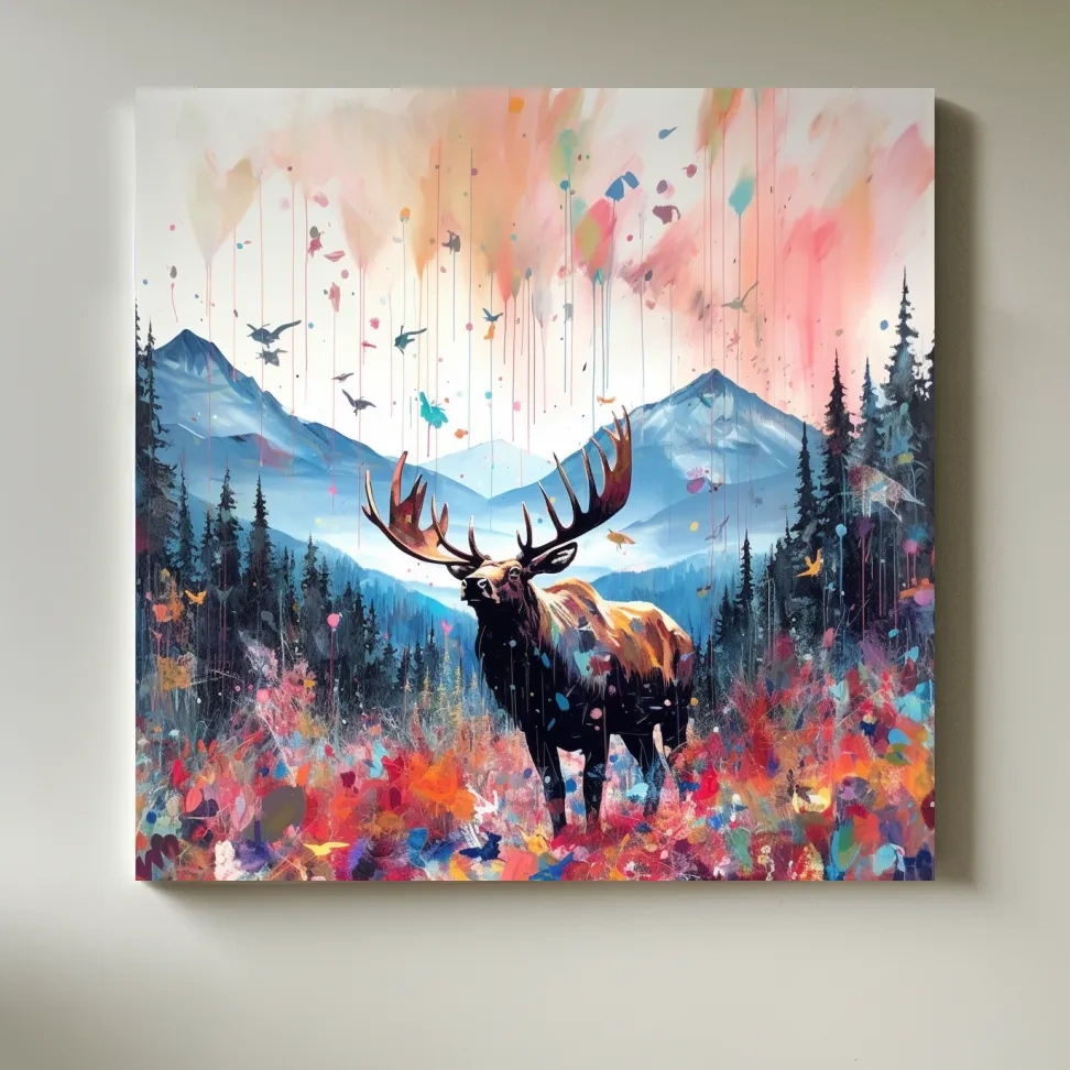 Abstract splattered painting of a large moose