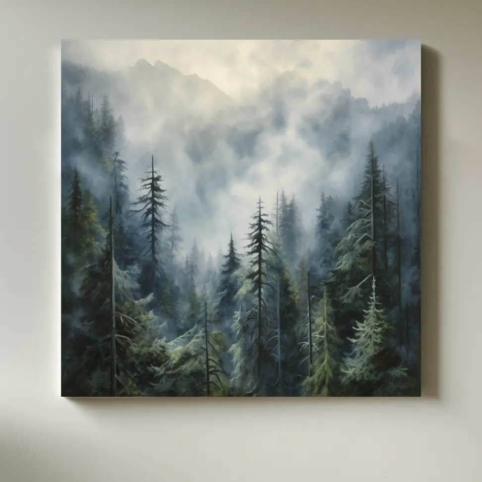 Moody Misty Pine Forest Mountains - Atmospheric Landscape Painting Wall Art