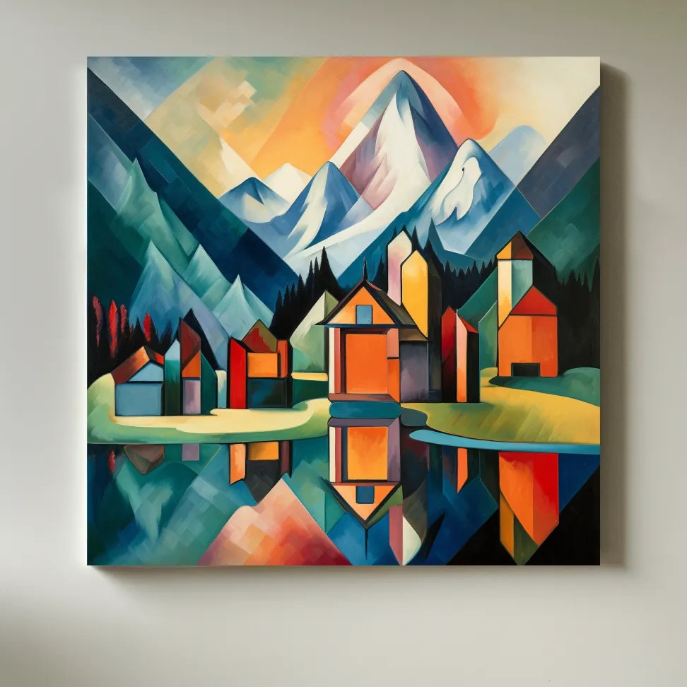Abstract painting of a mountain town by a glacier