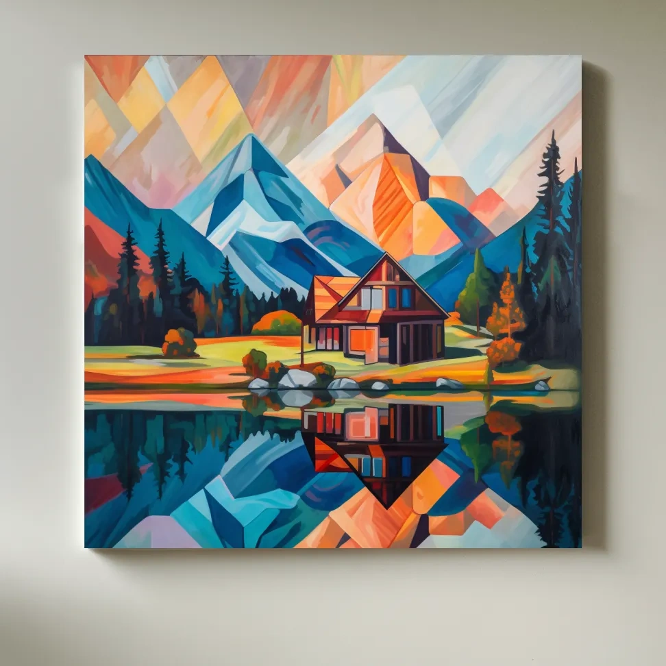 Abstract painting of a cabin by a lake at sunrise