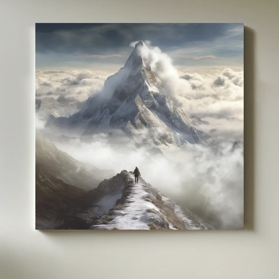 Painting of a person walking along a high alpine ridge