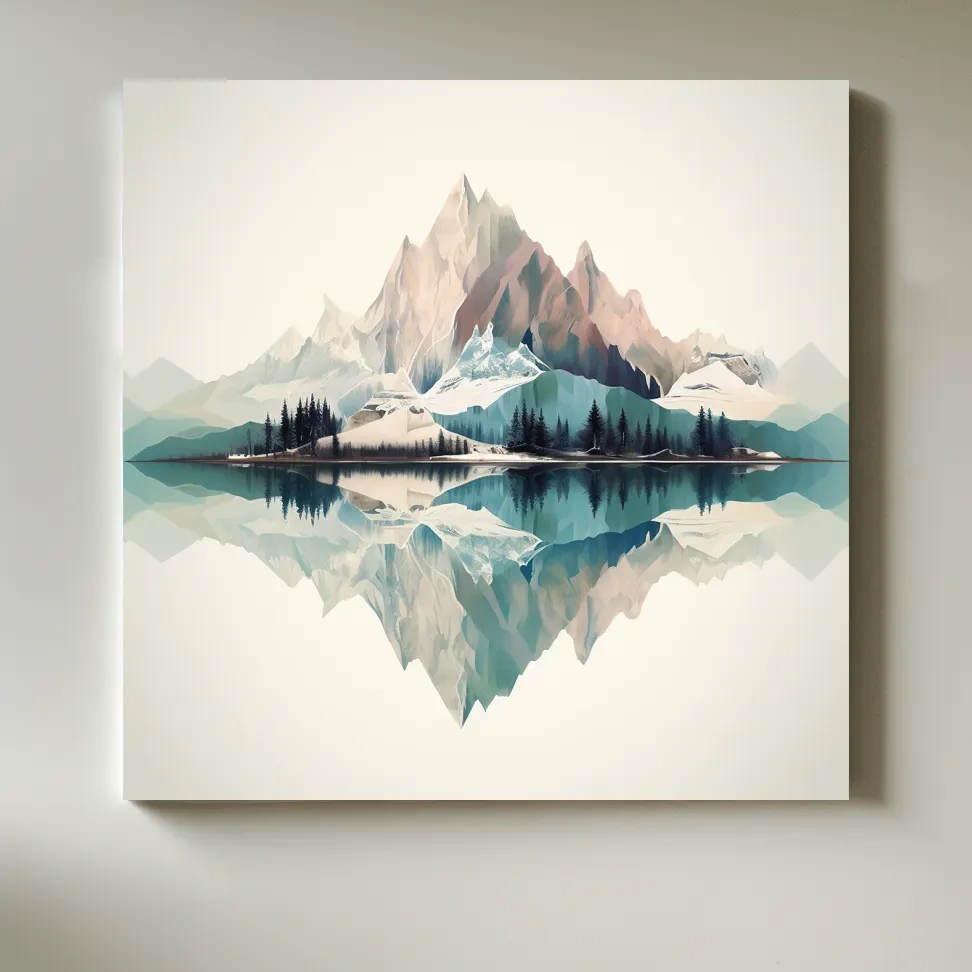 Minimalist Alpine Mountain Lake Reflection - Serene Pastel Watercolour Wall Art