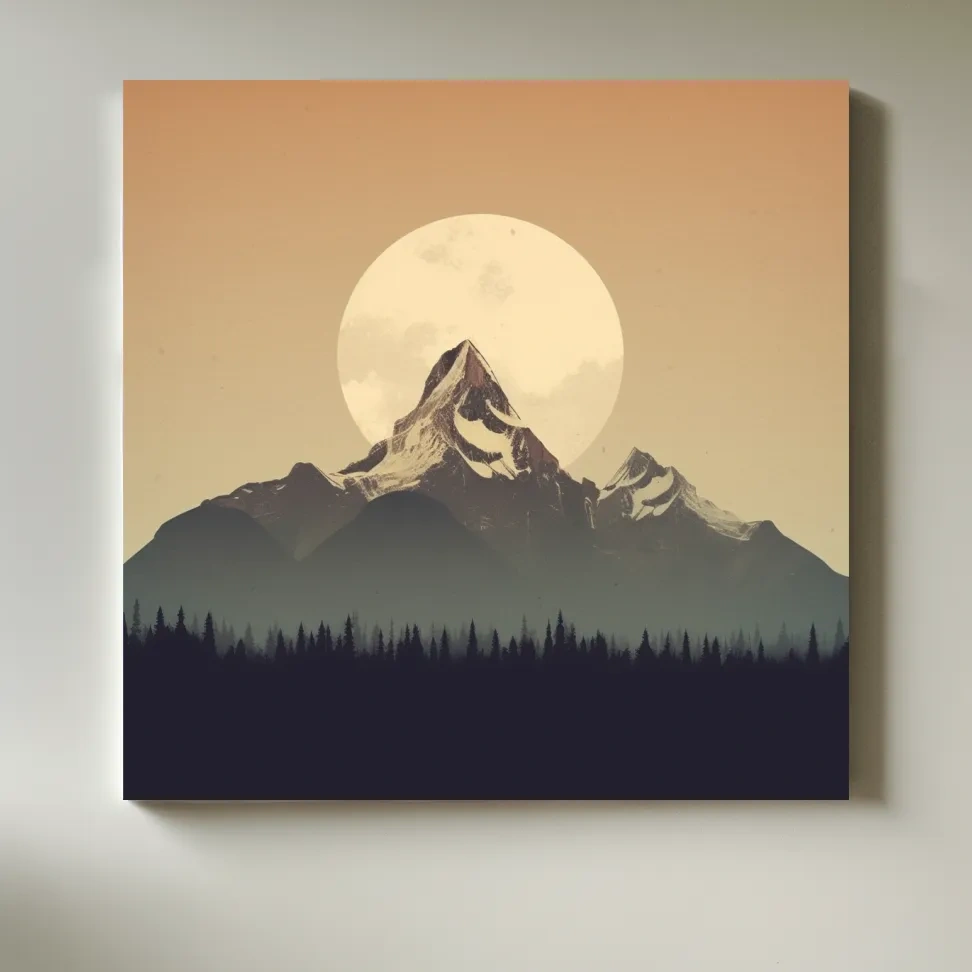 Graphical art of the moon behind a large mountain, minimalist mountain wall art