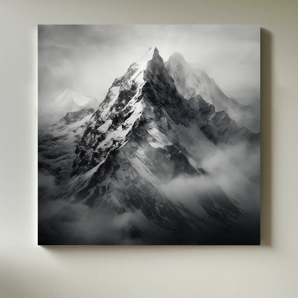 Moody Monochrome Snowcapped Mountain Peaks - Photographic Alpine Wall Art