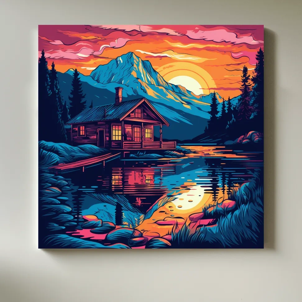 Illustration of a cabin by a lake at sunset