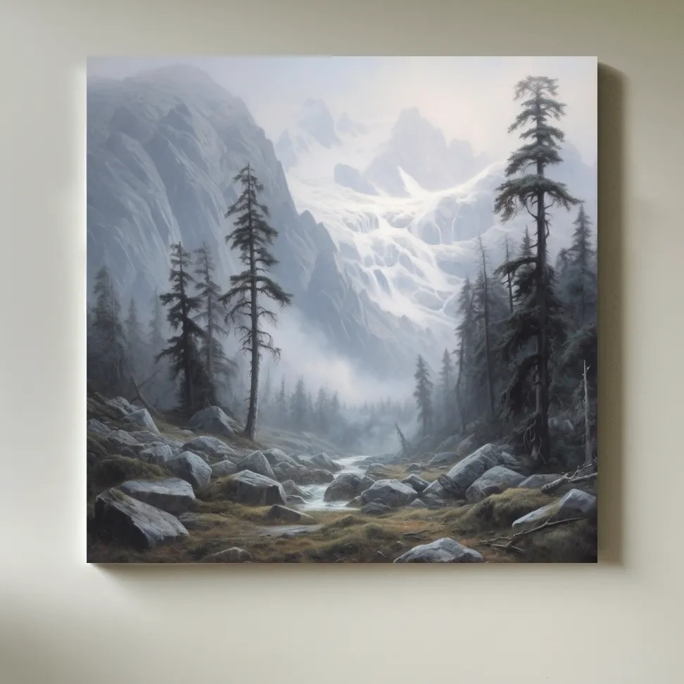 Painting of fog rolling through an alpine scene