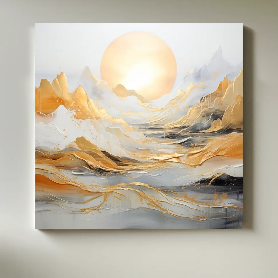 Mountain landscape art, gold leaf painting style