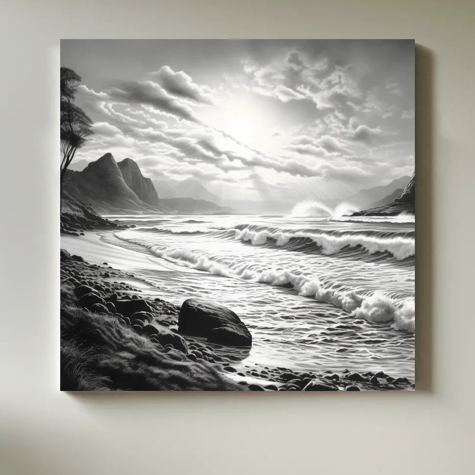 Black and white drawing of a sunny beach scene