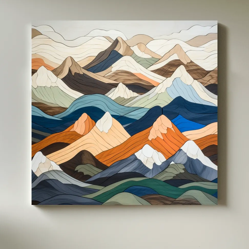 Wooden art, snow mountain peaks