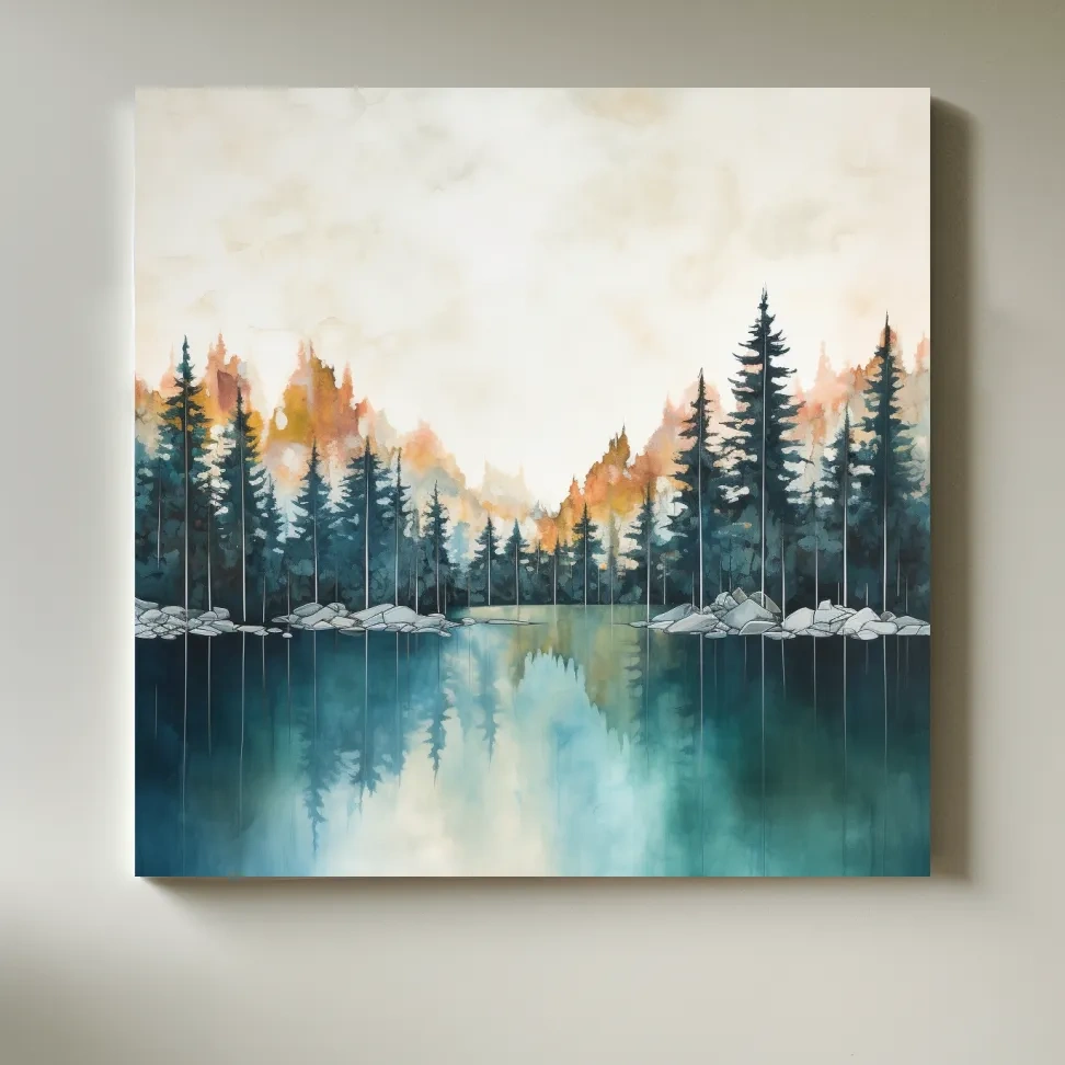 Blue and orange watercolour painting of a treelined lake