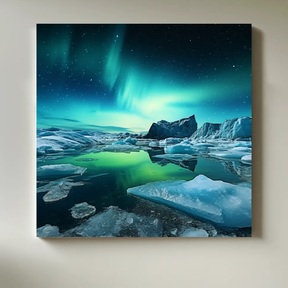 Photographic art, turquoise northen lights over the artic ice