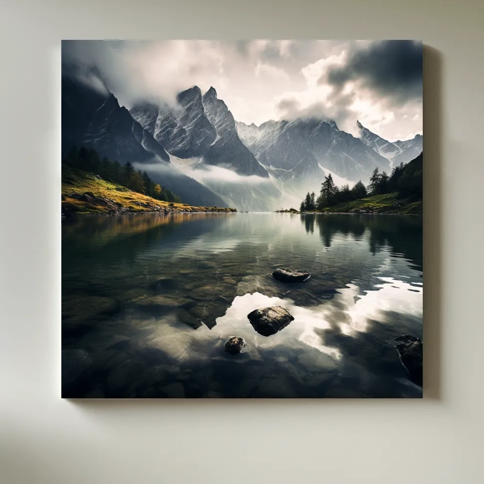 Moody Alpine Lake Reflection Photograph - Dramatic Landscape Wall Art