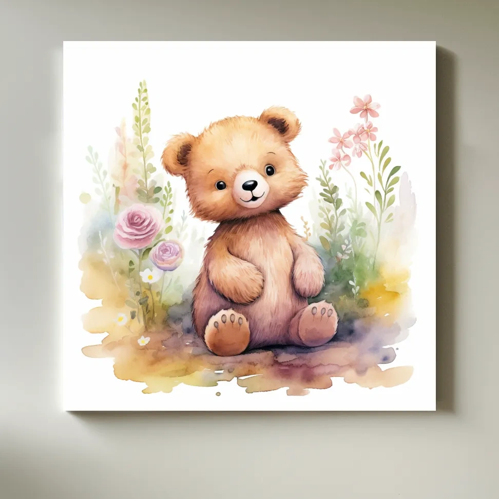 Nursery art, watercolor painting of a cute baby bear