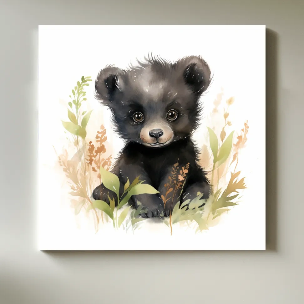 Watercolor painting of a cute black bear cub, nursery art painting