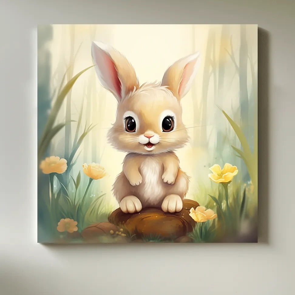 Nursery art - illustration of a cute bunny rabbit in the forest