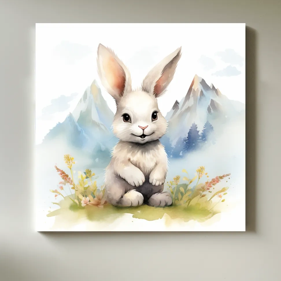 Nursery art - watercolor painting of a cute bunny rabbit in the mountains