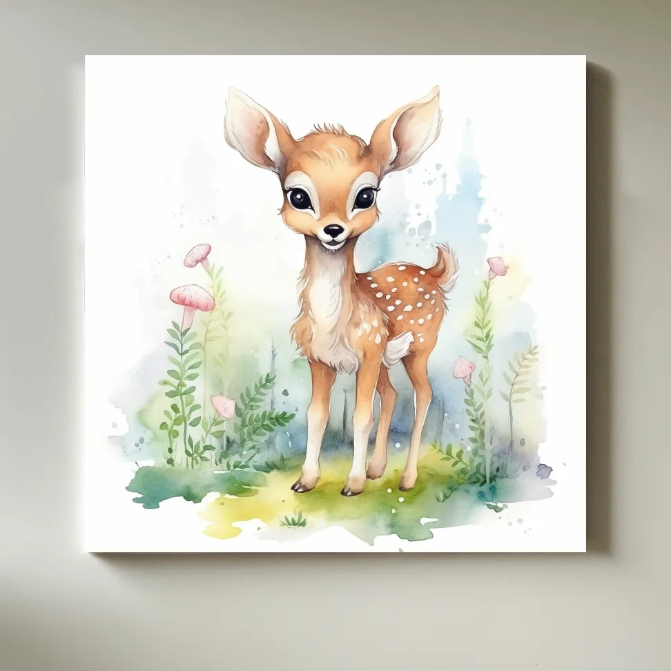 Nursery art, watercolor painting of a cute fawn in the forest