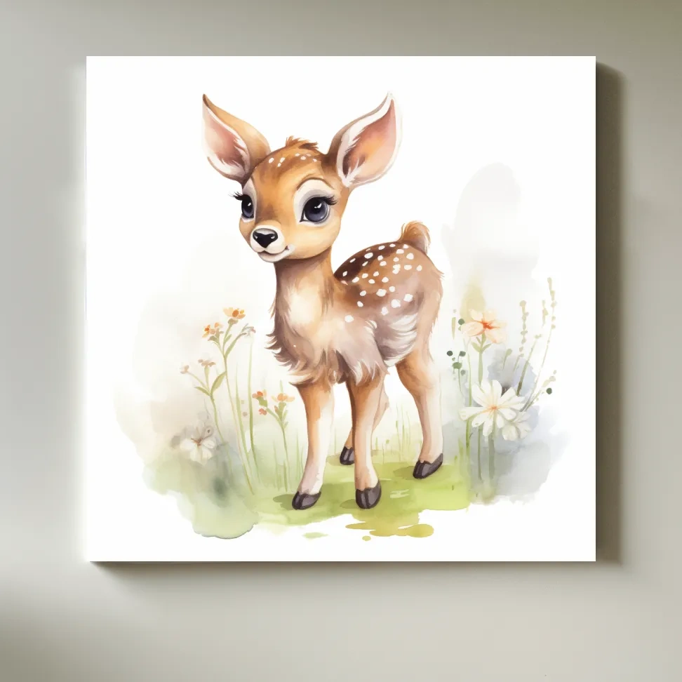 Simple watercolor painting of a cute deer fawn in the forest, nursery art