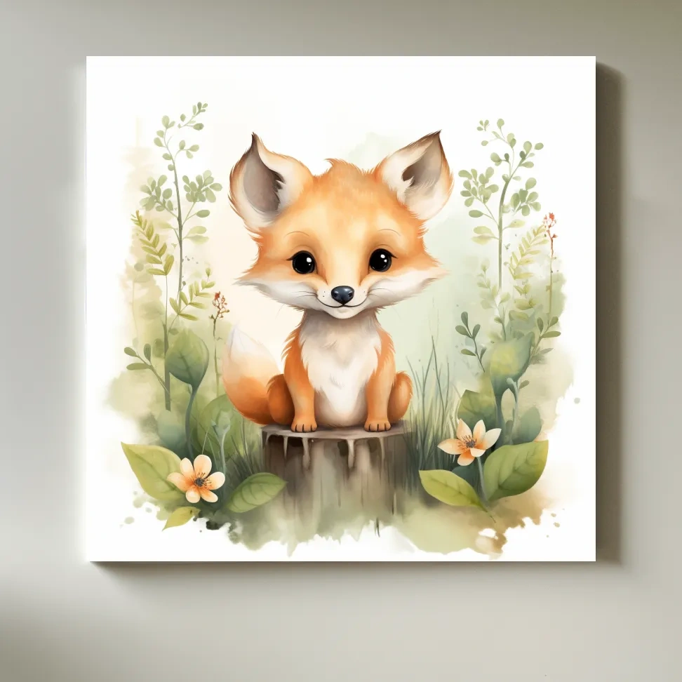 Watercolor nursery art illustration, a cute fox cub sitting on a log