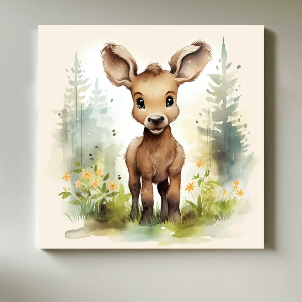 Nursery art watercolor painting, a cute baby deer in the forest