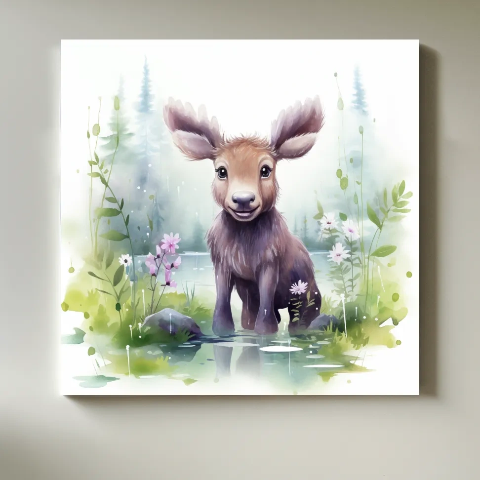 Watercolor painting of a cute baby moose in the forest, nursery art