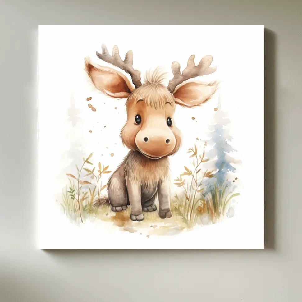 Cute Baby Moose Watercolor Illustration - Woodland Nursery Animal Wall Art
