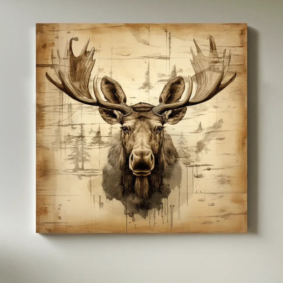 Rustic Sepia Moose Portrait Sketch - Vintage Lodge Wildlife Wall Art