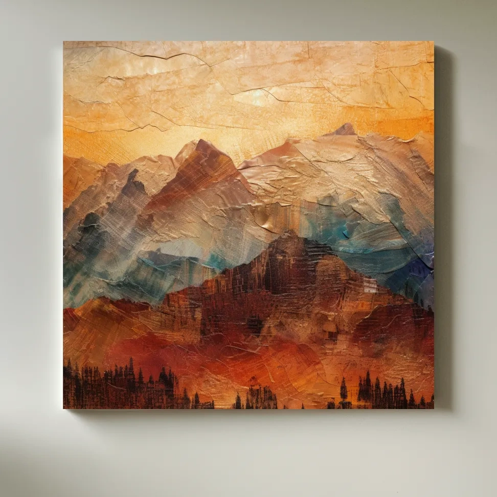 Rustic textured painting effect artwork of mountains at sunset