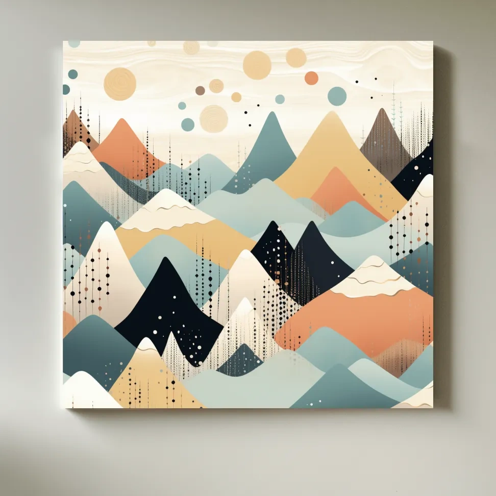 Mid-century bohemian art, pastel mountain patterns