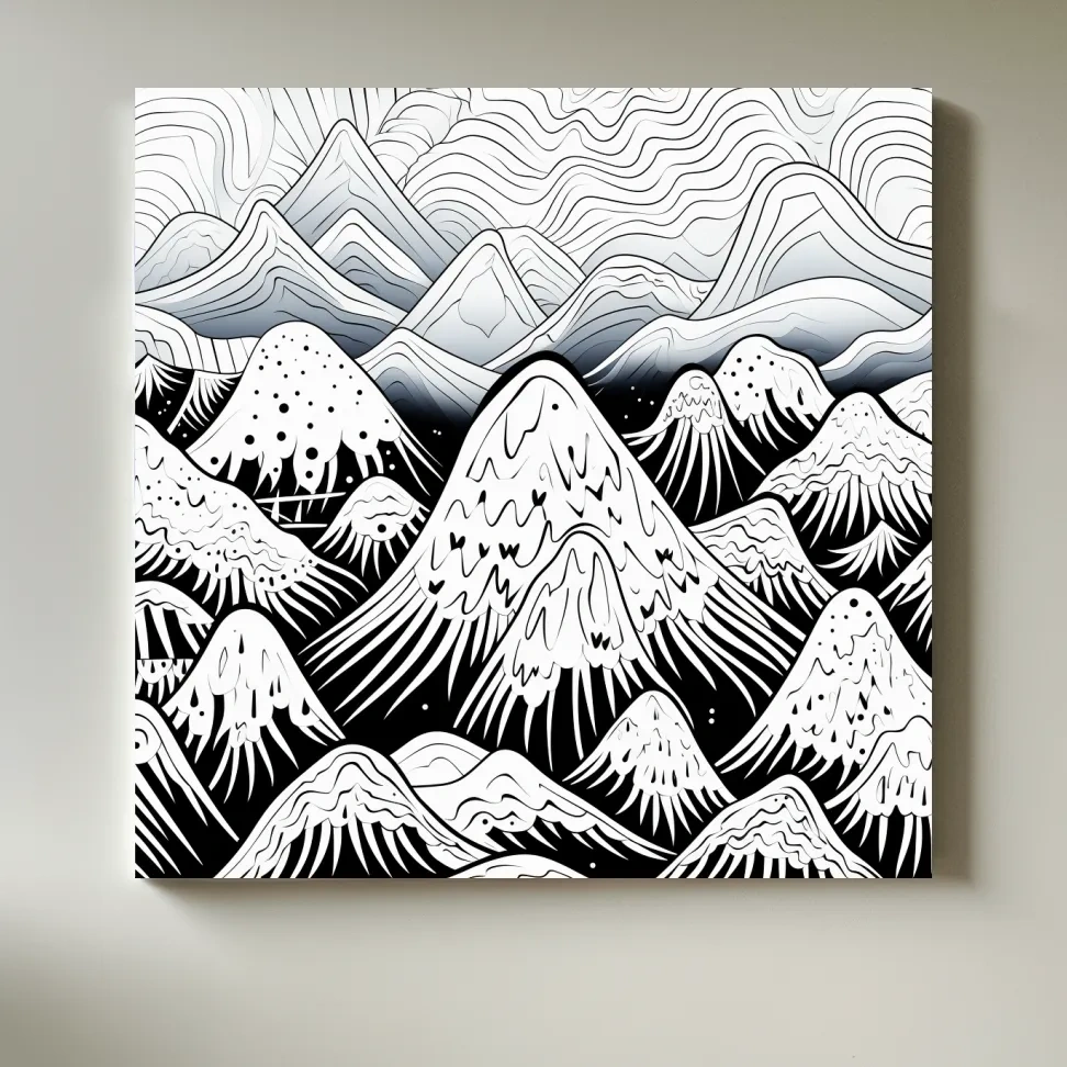 Black and white illustration of snowy mountain peaks