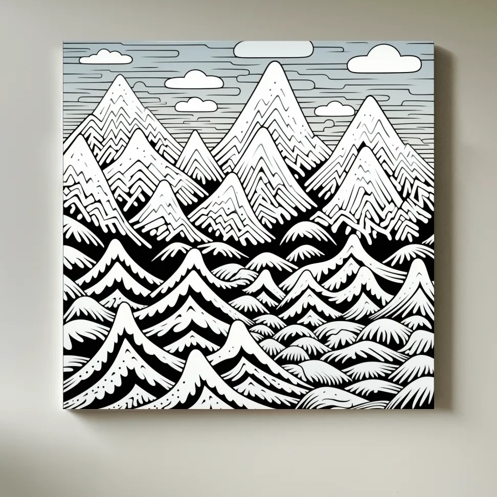 Black and white illustration drawing of snowy mountain patterns
