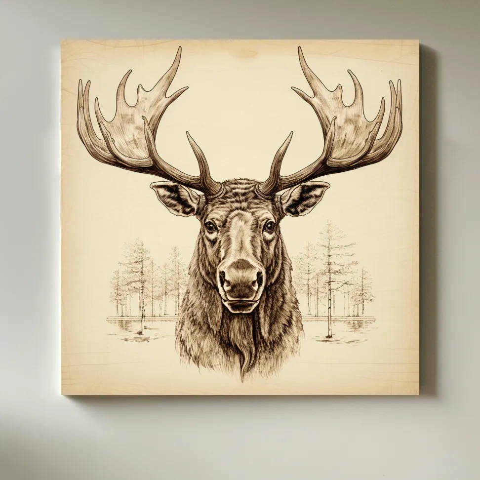 Vintage portrait style pencil drawing of a moose head