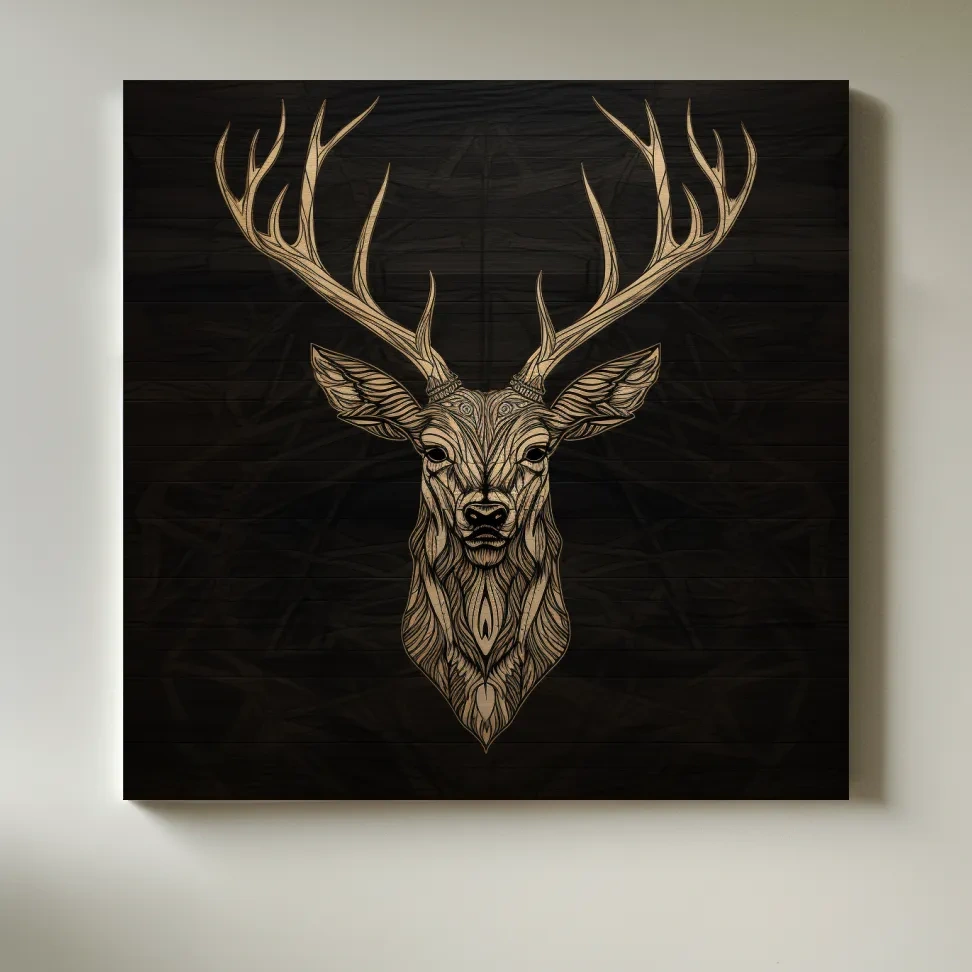 Wood engraving artwork of a deer head