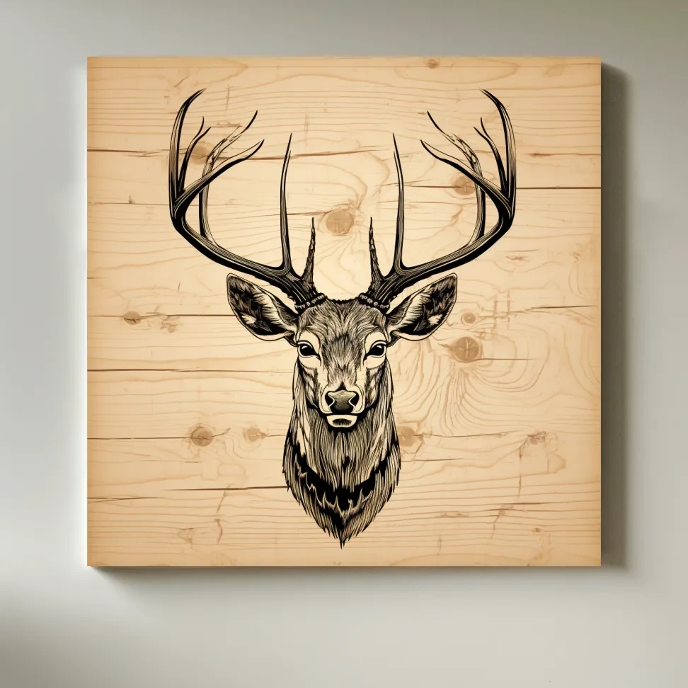 Rustic Engraved Wood Deer Head Illustration - Lodge Wildlife Wall Art